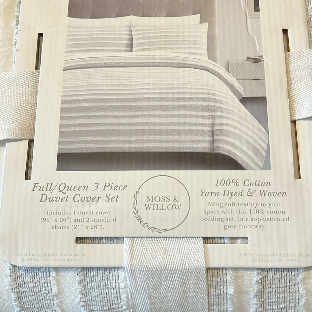 🆕 Moss & Willow 3-PC Textured Neutral Stripes Woven Cotton Duvet Cover Set F/Q